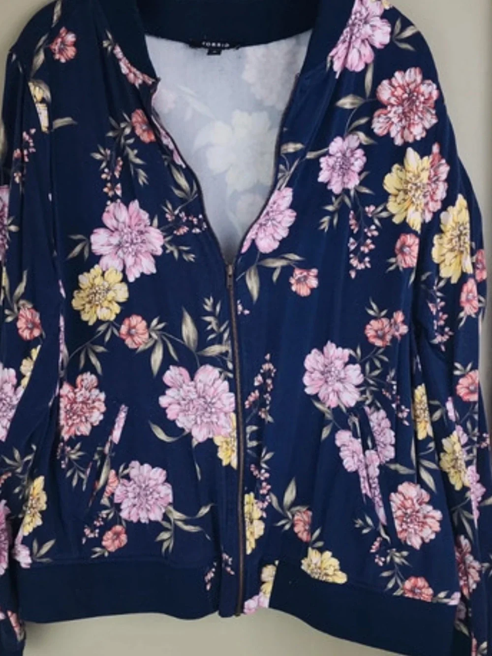 Torrid Navy Blue Twill Floral Peony Print Full Zip Bomber Jacket - Plus Size 2